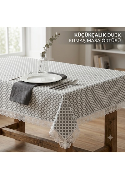 Küçükçalık Duck Kumaş Gri Geometrik Desenli Dantelli Masa Örtüsü
