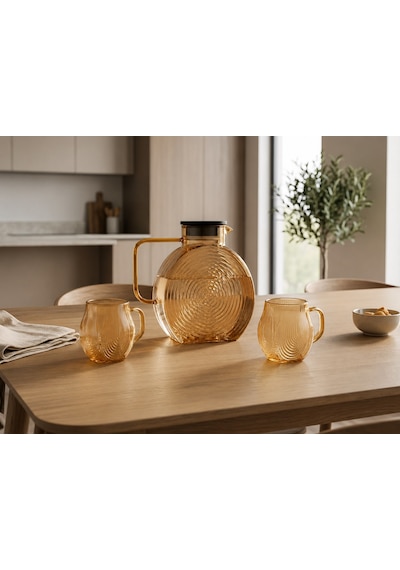 Borosilikat Cam Amber Salyangoz Desenli Filtreli Sürahi 2500 Ml Ve 2 Adet 300 Ml Bardak