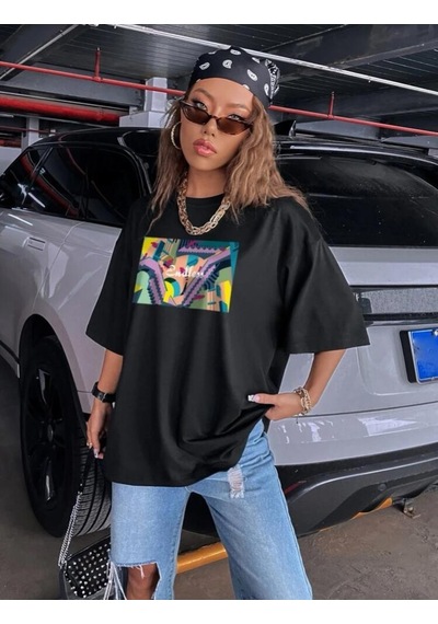 Kadın Siyah Oversize %100 Pamuk Endless Baskılı T-shirt Siyah
