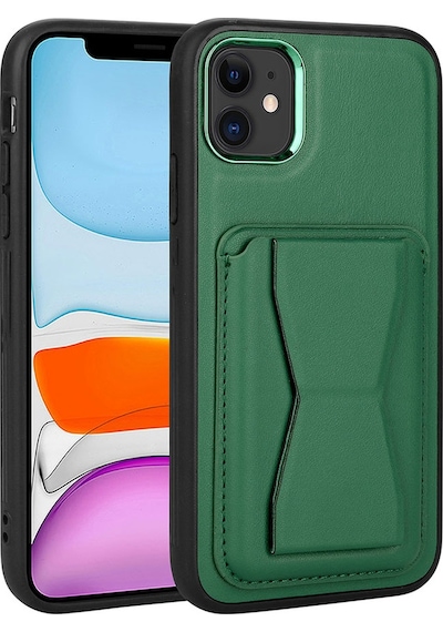 Kilifone - Apple Uyumlu iPhone 11 - Kılıf Kart Bölmeli El Tutacaklı Stand Olan Pu Deri Memo Kapak - Koyu Yeşil