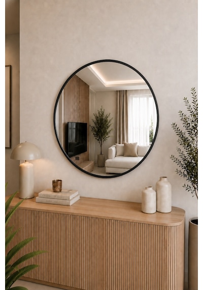 Effe Siyah Metal Çerçeveli 70 Cm Yuvarlak Ayna