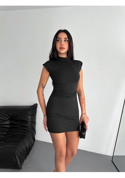 Defymoda Yarım Bogazlı Kolsuz Mini Boy Elbise - Siyah Siyah