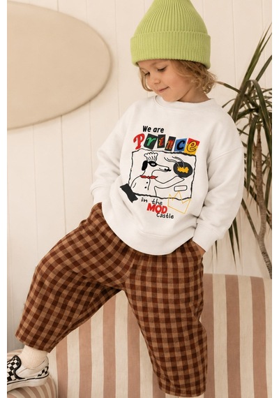 Monila Erkek Çocuk 3 İplik Kumaş Baskılı Pamuklu Sweatshirt Ekru