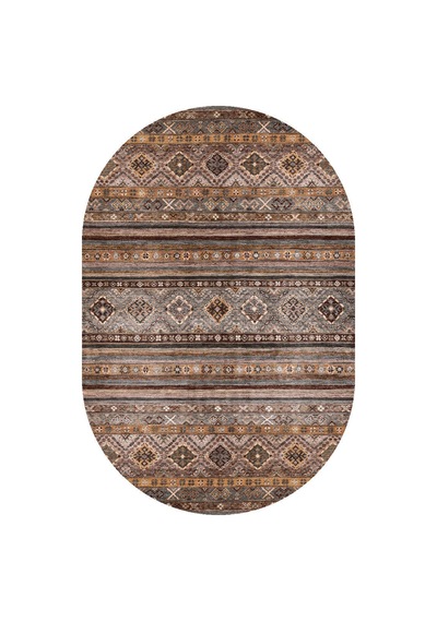 Etnik Kilim Desenli Pamuk Taban Yıkanabilir Baskılı Dekoratif Oval Halı Vizon Kahve