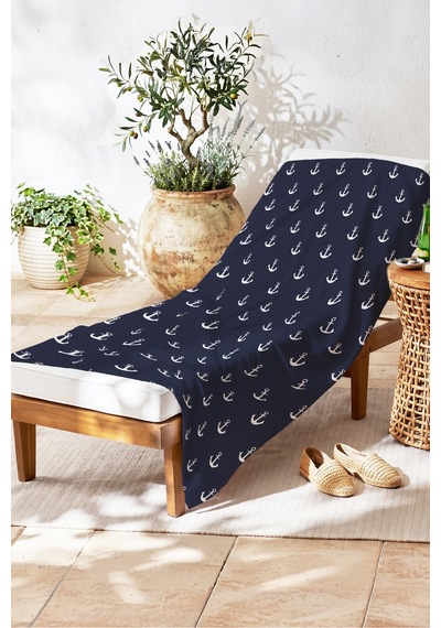 Çapa Marine Lacivert Plaj Havlusu - Nautical Minimalist Beyaz Hızlı Kuruyan Mikrofiber Havlu Eski Armut