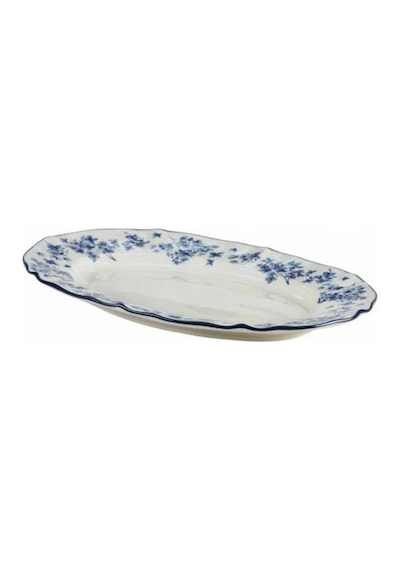 Acar Vintage Garden Mavi Çiçek Desenli Beyaz Porselen Oval Tabak 25x18 Cm Çok Renkli
