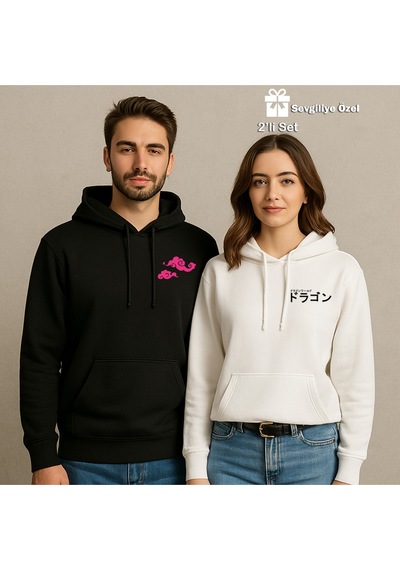 Nevermind Sevgili Çift Kombin Ejderha Baskılı Hoodie Unisex Oversize Kapüşo Siyah