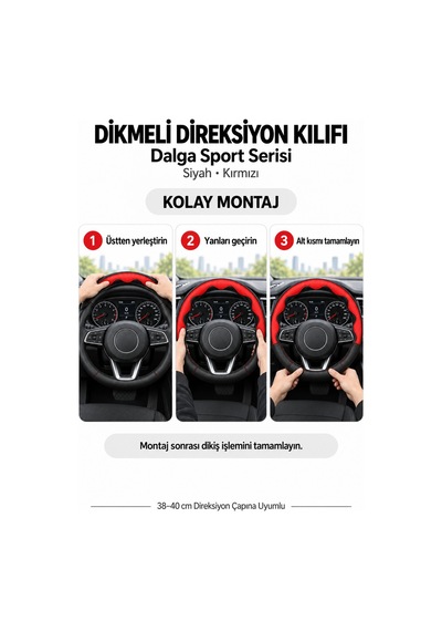 Trobus Dacia Sandero 2008-2012 Uyumlu Dikmeli Direksiyon Kılıfı Dalga Sport Deri Siyah Kırmızı Siyah - Kırmızı