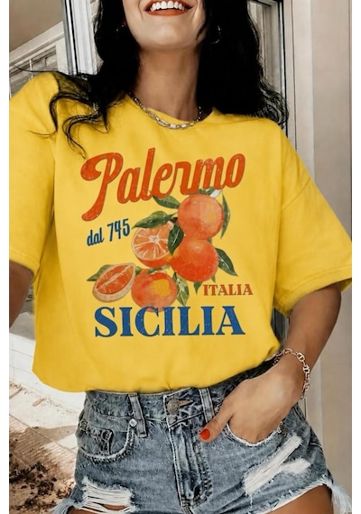Palermo Sicilya Portakal Temalı Bisiklet Yaka Pamuklu Oversize T-shirt Sari