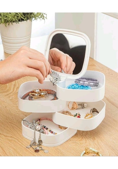 Takı Organizeri - 4 Katlı Aynalı Kare 360 Derece Dönebilen Takı Organizer Kutusu Beyaz Plastik Ekru Diğer