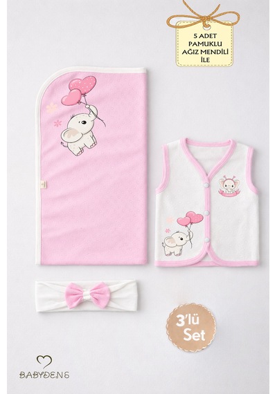 Babyden's Kız Bebek 3’lü Set Pamuklu Jakarlı Fil Baskılı Yelek ,Battaniye ,Saç Bandı 6-9 AY