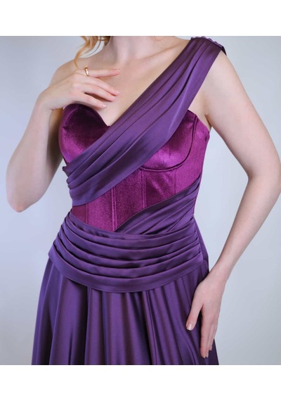 Crystalia Opia Dress Saten Kadife Detaylı - Mor Mor
