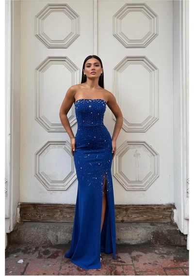 DefyModa Kadın Trend Straplez Taş Detaylı Yırtmaçlı Abiye Elbise Saks