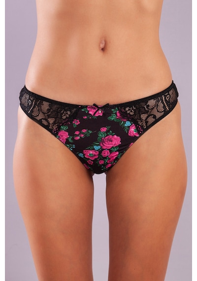 Golshan Gardenia Mini Sitring, Kadın Dantelli Çiçek Baskılı Siyah String Külot Çok Renkli
