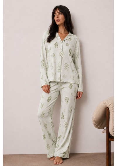 Kadın Düğmeli Kışlık Ev Çağla Yeşili Pijama Takımı