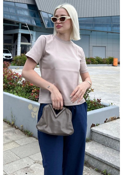 Madmext Bej Bisiklet Yaka Basic Kadın Tişört Mg2075-bej Bej