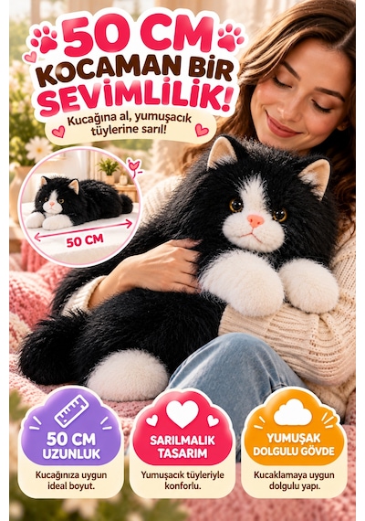 Siyah Gerçek Kedi Görünümlü Pelüş Kedi 50 Cm Uzun Tüylü Yumuşacık Sarılmalık Dekoratif Oyuncak Kedi