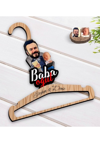 Kişiye Özel Baba Oğul Karikatürlü Standart Boy Ahşap Elbise Askıs (551145266)