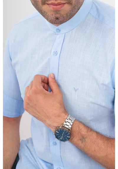 Hakim Yaka Slim Fit Keten Hediye Kutulu Erkek Gömlek Fs-003042 - Mavi-2194 MAVİ