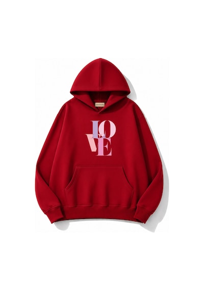 Herkesemoda Love Baskılı Kapüşonlu 2 İplik Şardonlu Sweatshirt Kırmızı