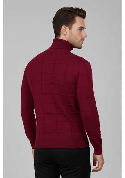 Deepsea Erkek Bordo Kare Desenli Balıkçı Yaka Slim Fit Boğazlı Triko Kazak 2505493 Bordo