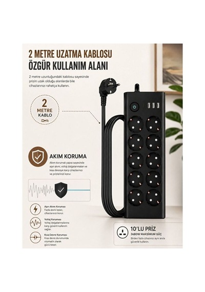 10 Lu Akım Korumalı Priz 3680w 3 Usb-a + 1 Type-c Hızlı Şarj 2 Metre Kablo 0 - 2 M
