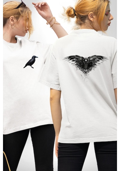 3 Gözlü Kuzgun Beyaz Oversize Unisex Ön Ve Sırt Baskılı Tişört Beyaz