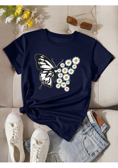 Flood Of Style Kadın Lacivert Kelebek Papatya Baskılı Oversize