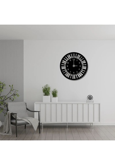 Metal Duvar Saati Piyano Tuşe Detaylı Dekoratif Saat Siyah-58 X 58