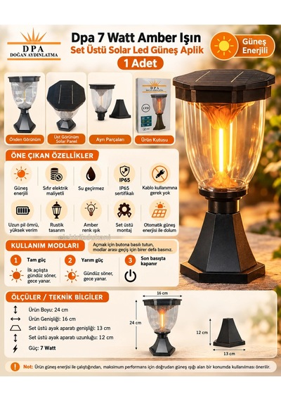 Dpa 7w Amber Işın Set Üstü Solar Led Güneş Enerjili Şarjlı Armatür Lamba 2000k 190lm Ip65