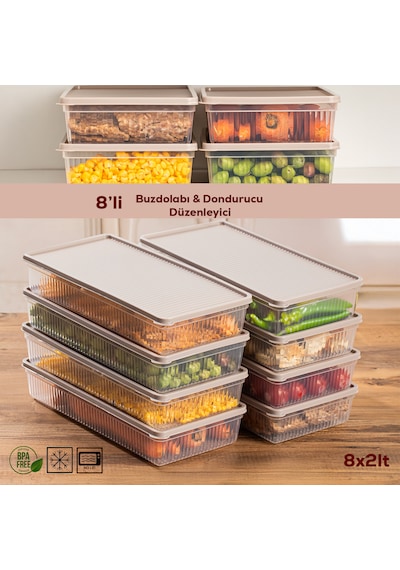 Porsima 5310 8 Li 2 Lt Buzdolabı Organizeri Mikrodalga Ve Derin Dondurucu Buzluk Bakliyat Saklama Kabı - Cappuccino