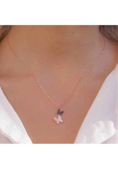 Modagümüşevi 925 Ayar Gümüş Ikili Kelebek Tasarımlı Rose Kaplama Kadın Kolye