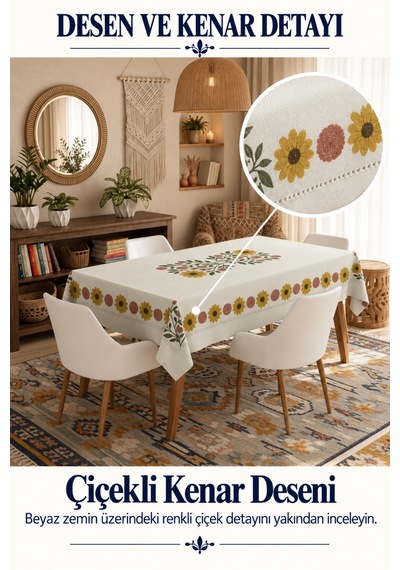Vivanni Home Yıkanabilir Dikdörtgen Masa Örtüsü Günlük Kullanıma Uygun Pratik Ve Uzun Ömürlü Papatya Gül