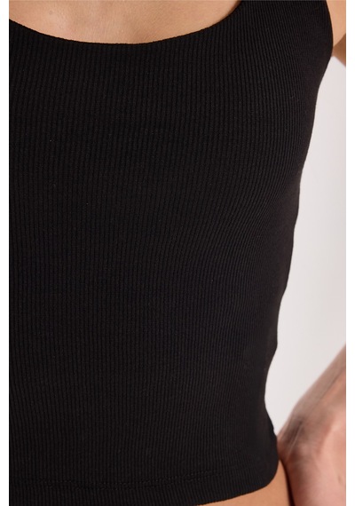 Tudors Kadın Slim Fit Dar Kesim Pamuklu Halter Yaka Kaşkorse Siyah Crop-50709