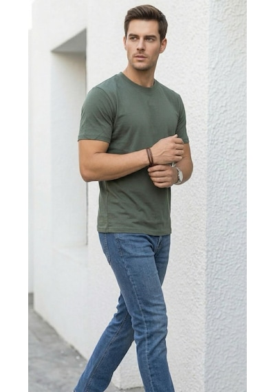 Plus Scorpion Erkek Basic Tişört Likrasız Pamuklu Regular Fit Bisiklet Yaka Haki
