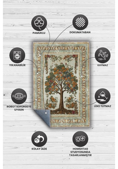 Homshtag Art Deco Meşe Ağacı Vintage Halı Görünümlü Dijital Baskı Renkli Halı,rustik Çiçekli Halı Çok Renkli