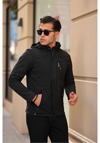 Erkek Mavi Kapüşonlu Softshell Su Ve Rüzgar Geçirmez Içi Kürklü Mont Siyah