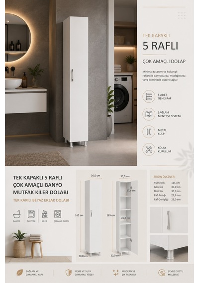 Renazzo %100 Mdf Tek Kapaklı 5 Raflı Çok Amaçlı Banyo Mutfak Kiler Beyaz Renazzo %100 Mdf Tek Kapaklı 5 Raflı Çok Amaçlı Banyo Mutfak Kiler Beyaz