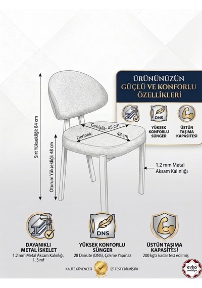 Evko Mobilya Damla Sandalye, Mutfak Salon Sandalyesi, 2 Adet Sandalye, Metal Sandalye, Yemek Sandalyesi, Otel Cafe Restoran Sandalyesi Krem