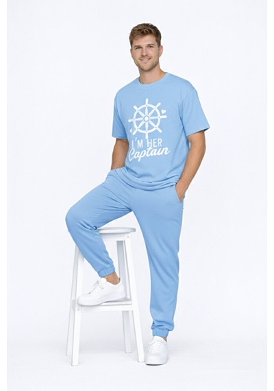 Sevgili Kombini Oversize Çift Tişört Unisex Captain Anchor Baskıl Mavi