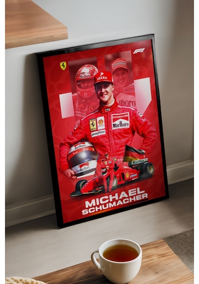 Michael Schumacher Siyah Ahşap Çerçeveli Poster, Dekoratif Formula 1 Duvar Tablosu