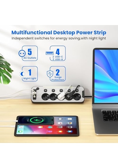 Bağımsız Anahtarlı 5'li Işıklı Akım Korumalı Çoklu Priz 4000w, 2x Usb - 2x Type-c Giriş, Metal Ön Panel Uzat 0