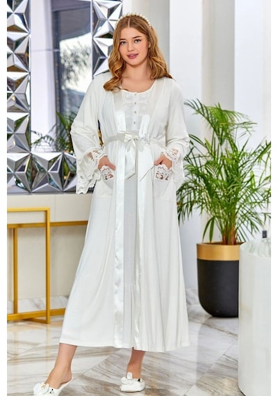 Cossy By Aqua Cossybyaqua 23622 Penye Saten Dantel Detaylı Lohusa Sabahlık