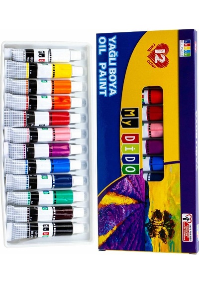 Mini Şövale 25x35 2 Li Tuval Mydido 12 Renk Yağlı Boya Başlangıç Seti Fırça Palet Ponpon Su Kabı Masaüstü Sanatsal