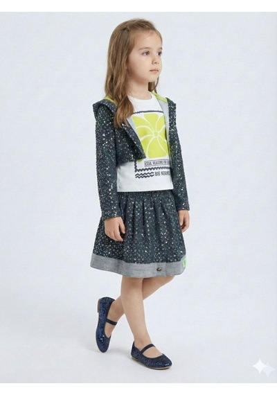 Xo Kids Simli Kumaş Kapüşonlu 3lü Kız Çocuk Etek Takımı 3-7 Yaş 4416 Lacivert
