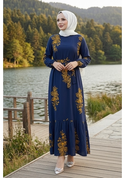 Bestenur Noyra Desenli Viskon Elbise 1722 - Lacivert