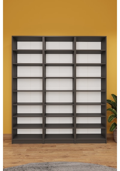 Asra Trend K-27 %100 MDF 180 cm 3 Modüllü Kitaplık 21 Raflı Dev Kütüphane Koyu Gri