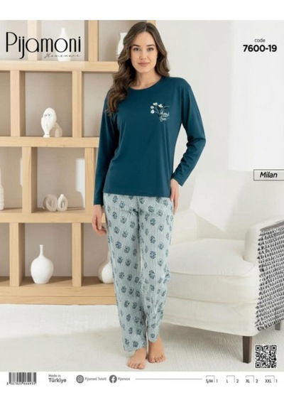 Pijamoni Kadın Milan Bisiklet Yaka Uzun Kol İnce Pijama Takımı 7600/19 - 1 Adet Petrol