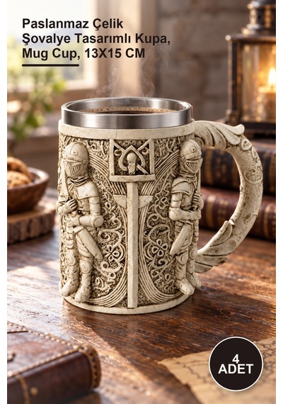 4 Adet Şovalye Kupa Bardak Paslanmaz Çelik Şovalye Tasarımlı Kupa, Mug Cup, 13x15 Cm