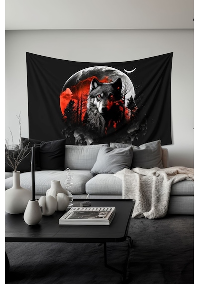 Kurt Ve Ay Desenli Duvar Halısı Duvar Örtüsü Tapestry Süet Dokulu Kumaş